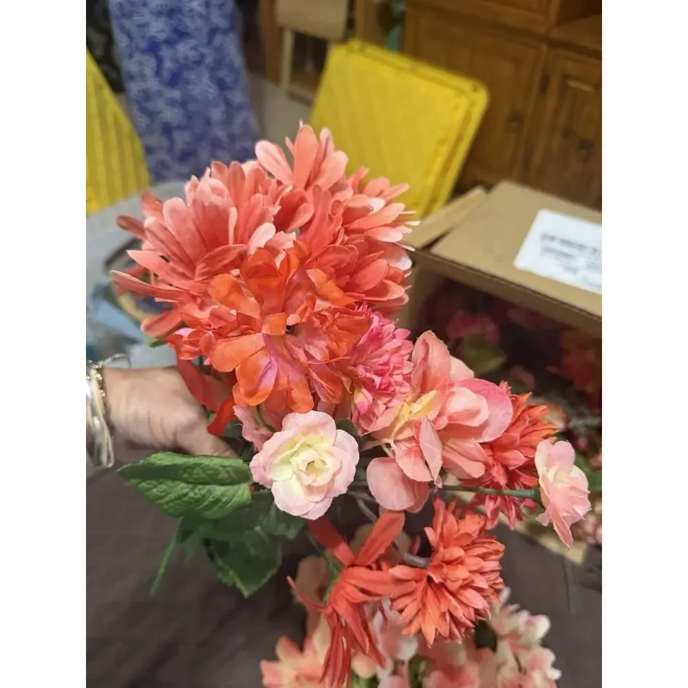 Large Lot / Box of Miscellaneous Artificial Silk Flowers - Bright Coral Shades